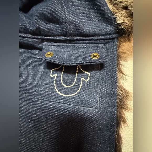 True Religion Blue Denim Trapper Hat with Faux Fur - Picture 6 of 14